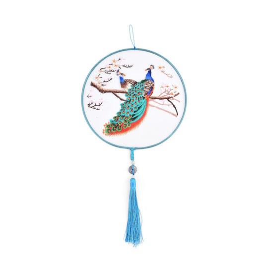 LIVMORE - Handstickerei-Wanddekoration aus 100% Seide mit Jade-Quaste, 20 cm, Pfau-Motiv