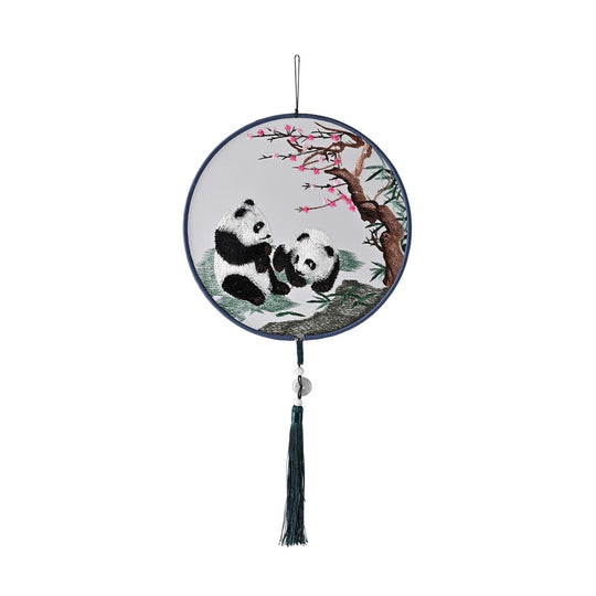 LIVMORE - Handstickerei-Wanddekoration aus 100% Seide mit Jade-Quaste, 20 cm, Panda-Motiv