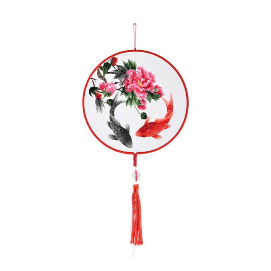 LIVMORE - Handstickerei-Wanddekoration aus 100% Seide mit Jade-Quaste, 20 cm, Koi- und Pfingstrosen-Motiv