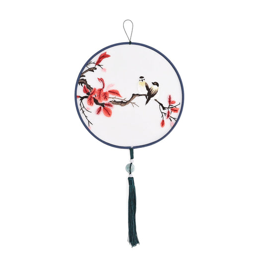 LIVMORE - Handstickerei-Wanddekoration aus 100% Seide mit Jade-Quaste, 20 cm, Vogel- und Blüten-Motiv