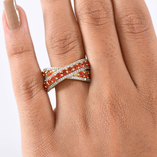D'Joy AAA Blaze Feueropal, Weißer Zirkon Ring 925 Silber 750 Gelbgold Vermeil (Größe 18.00) ca. 1.55 ct
