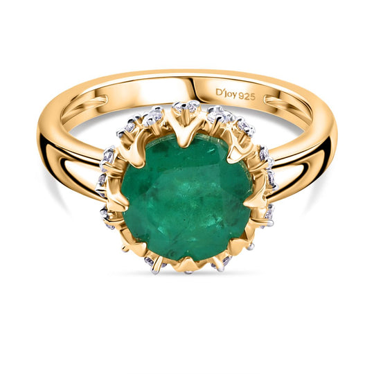 D'Joy Smaragd-Quarz Triplette, Weißer Zirkon Ring 925 Silber 750 Gelb Vergoldet (Größe 17.00) ca. 4,03 ct