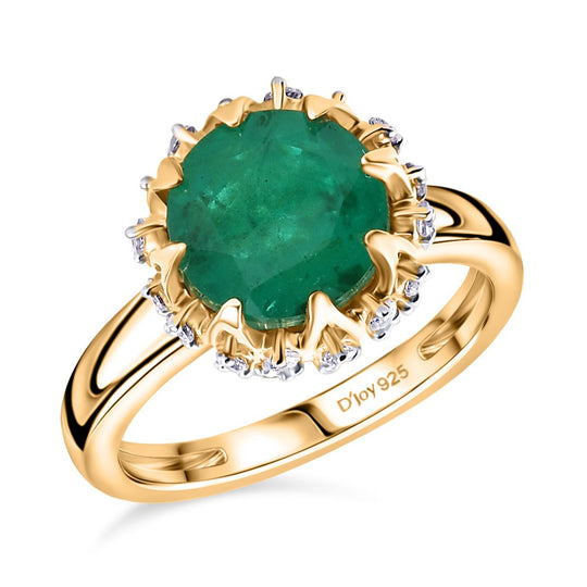 D'Joy Smaragd-Quarz Triplette, Weißer Zirkon Ring 925 Silber 750 Gelb Vergoldet (Größe 17.00) ca. 4,03 ct
