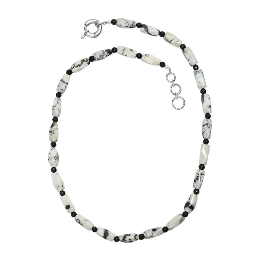 Weißer Türkis-Jaspis, Schwarzer Spinell Halskette ca. 50 cm Nickelfreies Messing platiniert ca. 200.00 ct