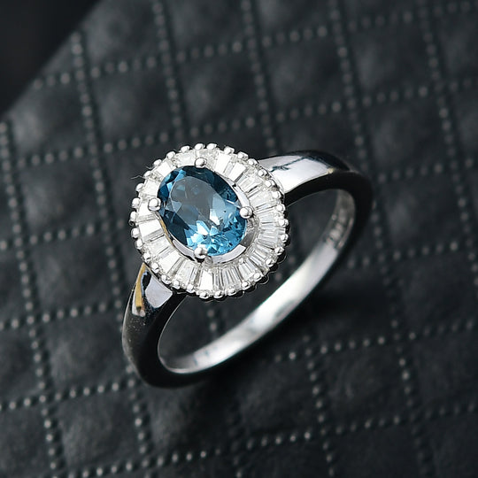 D'Joy London Blau Topas, Moissanit Ring 925 Silber rhodiniert (Größe 18.00) ca. 1.42 ct