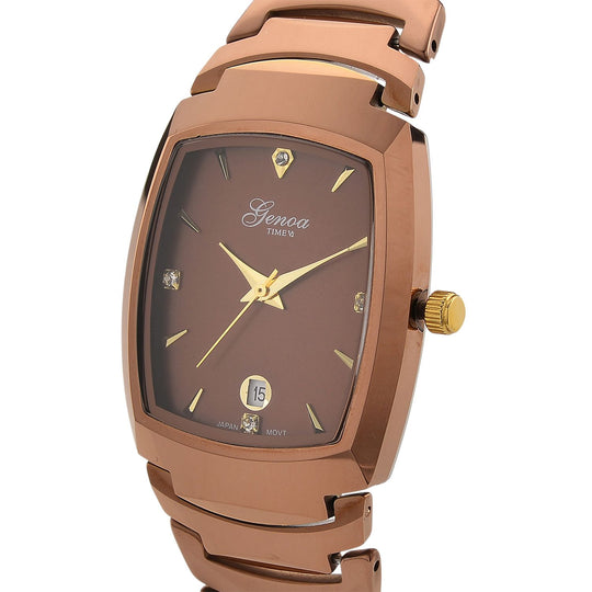 GENOA - Armbanduhr mit Datumsanzeige, Japanische-Uhrwerk mit Weißer Kristall, Wolframstahlgehäuse, Reiner Edeslstahl, Goldfarben