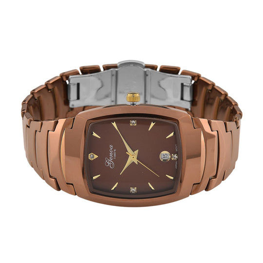 GENOA - Armbanduhr mit Datumsanzeige, Japanische-Uhrwerk mit Weißer Kristall, Wolframstahlgehäuse, Reiner Edeslstahl, Goldfarben