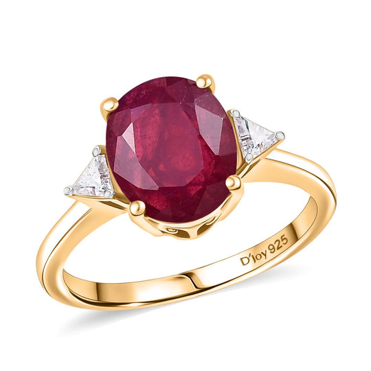 D'Joy Afrikanischer Rubin (Fissure gefüllt), Moissanit Ring 925 Silber 750 Gelb Vergoldet (Größe 21.00) ca. 4,33 ct