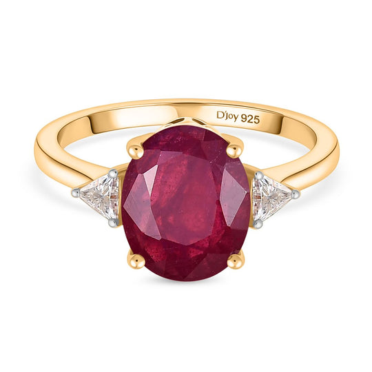 D'Joy Afrikanischer Rubin (Fissure gefüllt), Moissanit Ring 925 Silber 750 Gelb Vergoldet (Größe 21.00) ca. 4,33 ct