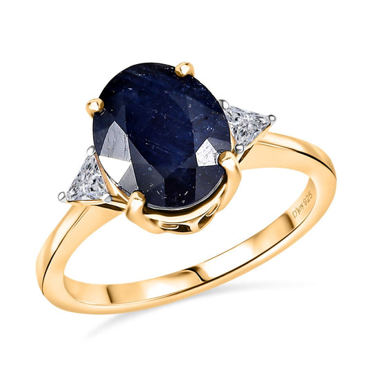 D'Joy Masoala Saphir (Fissure gefüllt), Moissanit Ring 925 Silber 750 Gelb Vergoldet (Größe 19.00) ca. 4,15 ct