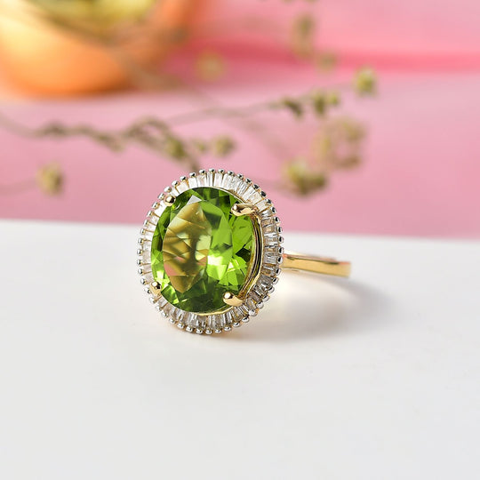 D'Joy AAA Natürlciher Peridot, Weißer Diamant Ring, 925 Silber 750 Gelbgold Vermeil (Größe 21.00) ca. 5.43 ct