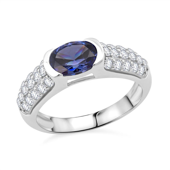 LUSTRO STELLA - Ceylon Saphir-farbener Zirkonia, Weißer Zirkonia Ring 925 Silber rhodiniert (Größe 19.00)