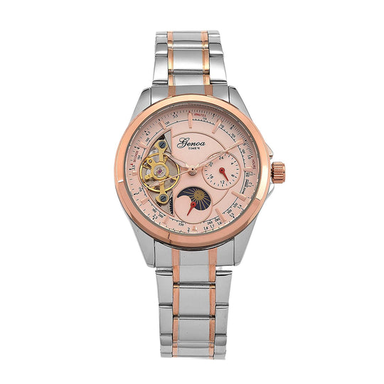 GENOA TIME V2 - Automatik-Armbanduhr, Mechanisches Uhrwerk, Edelstahlarmband, bicolor, Roséfarbenes Zifferblatt