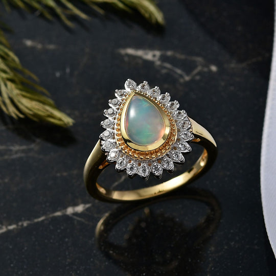 D'Joy AA Natürlicher, äthiopischer Welo Opal, Weißer Zirkon Ring 925 Silber vergoldet (Größe 19.00) ca. 1.28 ct