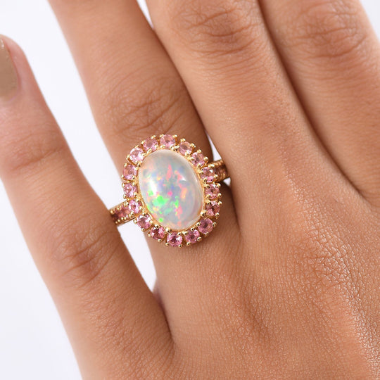 D'Joy AAA Natürlicher, äthiopischer Welo Opal, Rosa Turmalin Ring 925 Silber 750 Gelbgold Vermeil (Größe 17.00) ca. 5.54 ct
