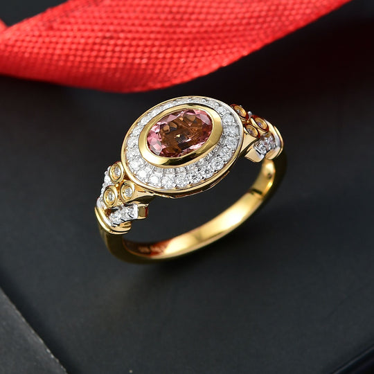 MÜNCHEN CLOSE OUT - D'Joy AA Cruzeiro Blush Turmalin, Moissanit Ring 925 Silber 750 Gelbgold Vermeil (Größe 17.00) ca. 1.15 ct