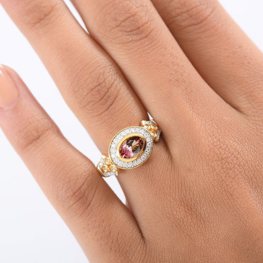MÜNCHEN CLOSE OUT - D'Joy AA Cruzeiro Blush Turmalin, Moissanit Ring 925 Silber 750 Gelbgold Vermeil (Größe 17.00) ca. 1.15 ct