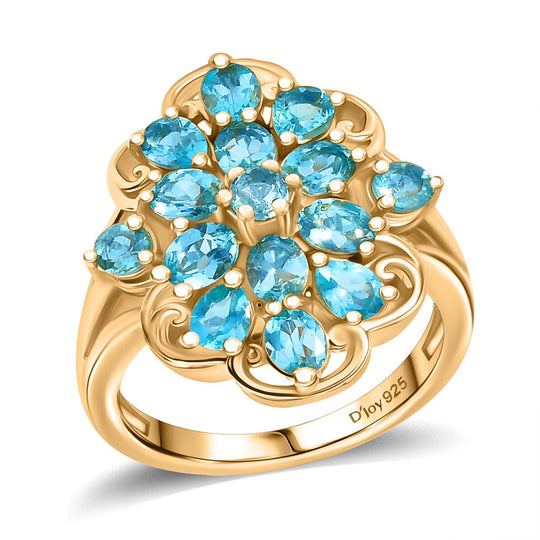 D'Joy Betroka Blauer Apatit Ring 925 Silber 750 Gelb Vergoldet (Größe 19.00) ca. 2,57 ct