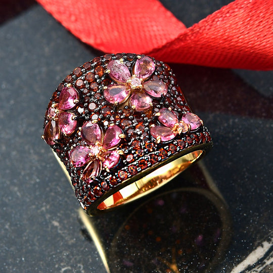 D'Joy Rosa Turmalin, Mosambik Granat Ring 925 Silber 750 Gelbgold Vermeil (Größe 19.00) ca. 4,36 ct