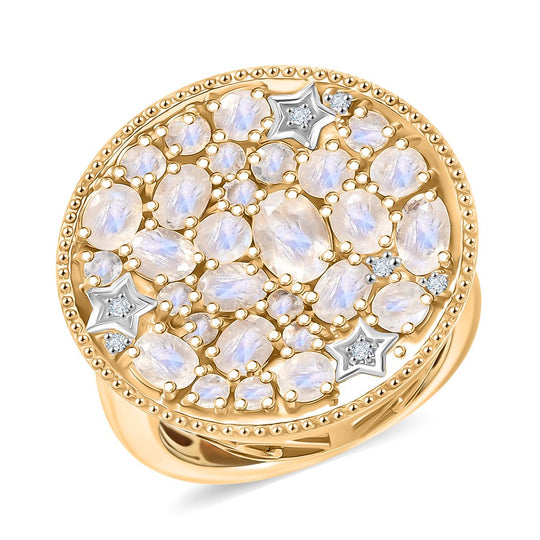 D'Joy Regenbogen Mondstein Ring 925 Silber Rhodiniert und 750 Gelbgold Vermeil (Größe 21.00) ca. 3,61 ct