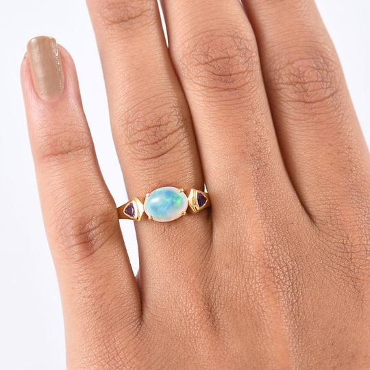 D'Joy AA Natürlicher, äthiopischer Welo Opal, Afrikanischer Amethyst Ring 925 Silber 750 Gelb Vergoldet (Größe 18.00) ca. 1.31 ct