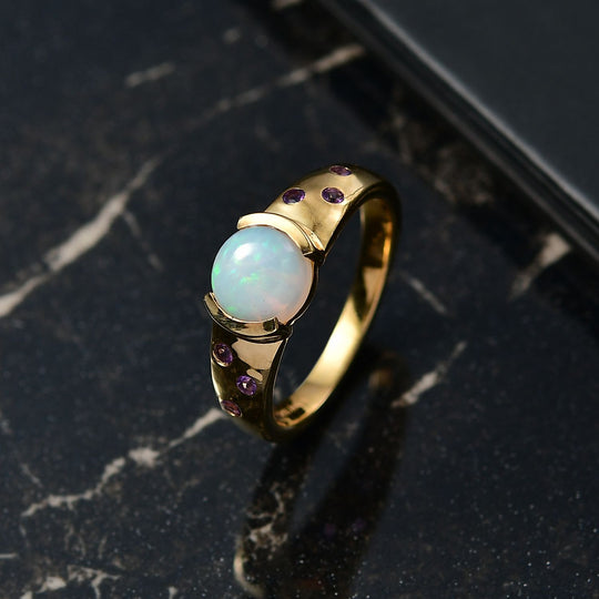 D'Joy AA Natürlicher, äthiopischer Welo Opal, Afrikanischer Amethyst Ring 925 Silber 750 Gelb Vergoldet (Größe 18.00) ca. 0.98 ct