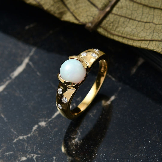 D'Joy AA Natürlicher, äthiopischer Welo Opal, Moissanit Ring 925 Silber 750 Gelb Vergoldet (Größe 18.00) ca. 1.01 ct