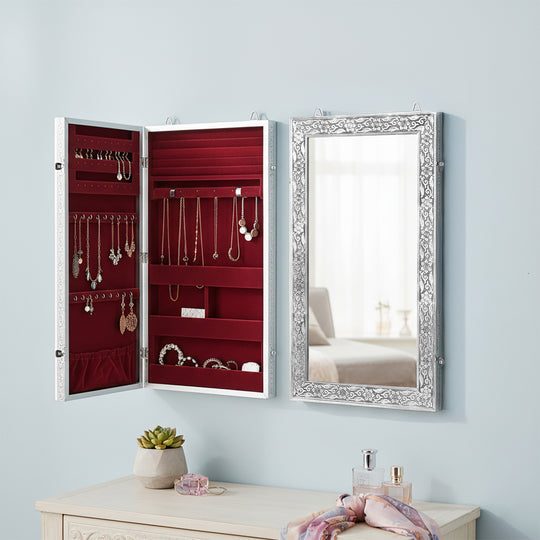 LIVMORE Schmuck Organizer mit Spiegel, Teakholz, 55,88 x 33 x 8,25 cm, Silberfarben