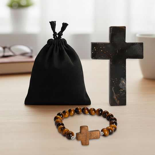 LIVMORE Tigerauge Edelstein Kreuz mit Armband und Kreuz Anhänger, 7,62 cm