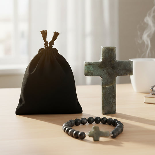LIVMORE Labradorit Edelstein Kreuz mit Armband und Kreuz Anhänger, 7,62 cm