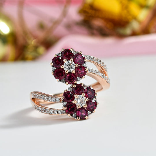 D'Joy Aura der Kaiserin Natürlicher Rhodolith Granat, Weißer Zirkon Ring 925 Silber 750 Roségold Vermeil (Größe 21.00) ca. 2.75 ct