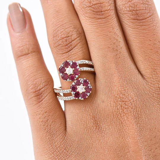 D'Joy Aura der Kaiserin Natürlicher Rhodolith Granat, Weißer Zirkon Ring 925 Silber 750 Roségold Vermeil (Größe 21.00) ca. 2.75 ct