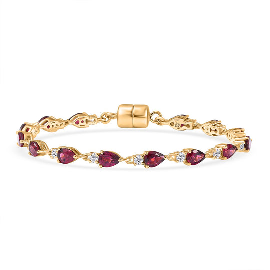 D'Joy Natürlicher Rhodolith Granat, Weißer Zirkon Armband ca. 19 cm 925 Silber 750 Gelbgold Vermeil ca. 9.39 ct