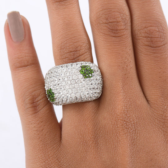 D'Joy Weißer Zirkon, Natürlicher Chromdiopsid Ring 925 Silber Rhodiniert (Größe 17.00) ca. 7,97 ct