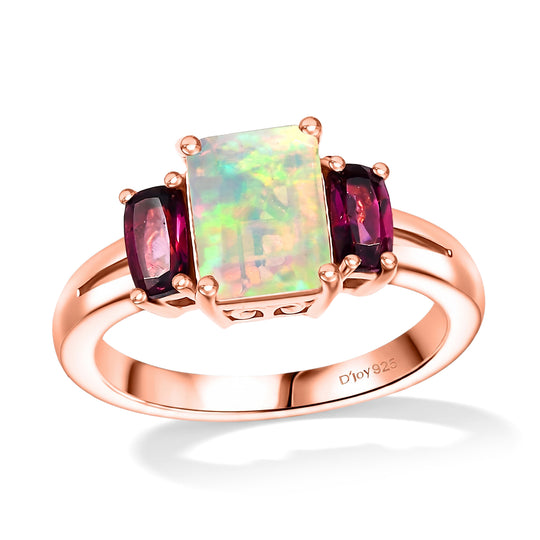 D'Joy AA Natürlicher, äthiopischer Welo Opal, Natürlicher Rhodolith Granat Ring 925 Silber rosévergoldet (Größe 20.00) ca. 1.76 ct
