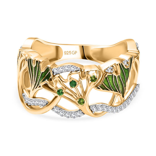 GP Italienische Garten Kollektion - Natürlicher Chromdiopsid, Kanchanaburi Blauer Saphir Ring 925 Silber 750 Gelbgold Vermeil (Größe 20.00) ca. 0.39 ct