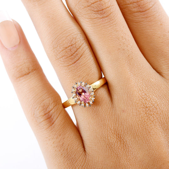 D'Joy Blush Turmalin, Weißer Zirkon Ring 925 Silber 750 Gelbgold Vermeil (Größe 20.00) ca. 1,01 ct