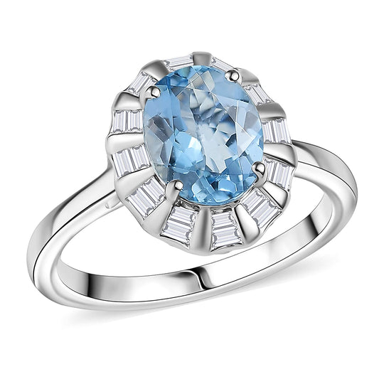 LUXURIANT - AAA Santamaria Aquamarin, Lab Grown Diamant Ring, AGI zertifiziert und geprüft, 417 Weißgold (Größe 18.00) ca. 1.93 ct
