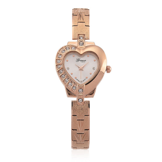 GENOA TIME - Herz-Armbanduhr Legierung, nickelfreies Messing, silberfarben, mit weißen Kristallen, Zifferblatt Rosa-Sunshine, 3 ATM wasserdicht