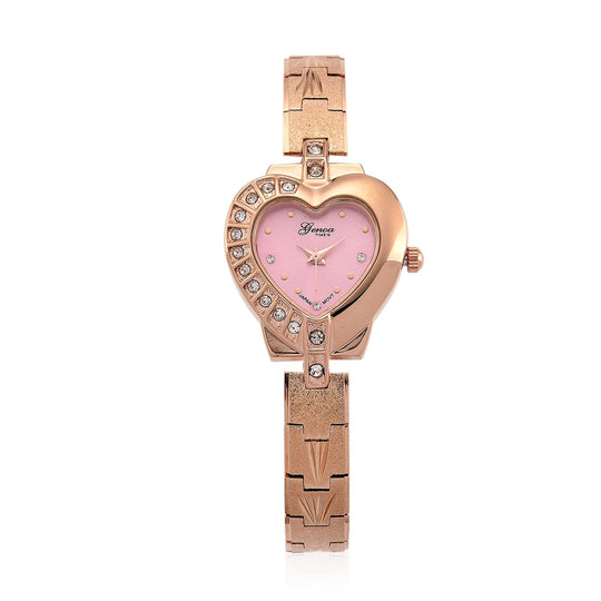 GENOA TIME - Herz-Armbanduhr Legierung, nickelfreies Messing, silberfarben, mit weißen Kristallen, Zifferblatt Rosa-Sunshine, 3 ATM wasserdicht