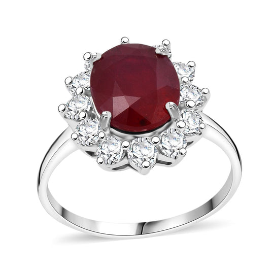 D'Joy Afrikanischer Rubin (Fissure gefüllt), Weißer Zirkon Ring 925 Silber rhodiniert (Größe 18.00) ca. 6,55 ct