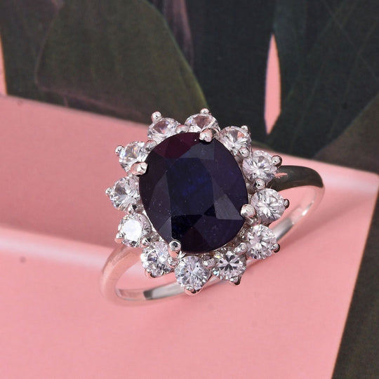 D'Joy Masoala Saphir (Fissure gefüllt), Weißer Zirkon Ring 925 Silber rhodiniert (Größe 19.00) ca. 6,46 ct