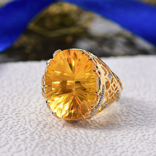 D'Joy Sphaleros Quarz-Triplette, Moissanit Ring 925 Silber 750 Gelbgold Vermeil (Größe 19.00) ca. 19.62 ct