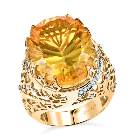 D'Joy Sphaleros Quarz-Triplette, Moissanit Ring 925 Silber 750 Gelbgold Vermeil (Größe 19.00) ca. 19.62 ct