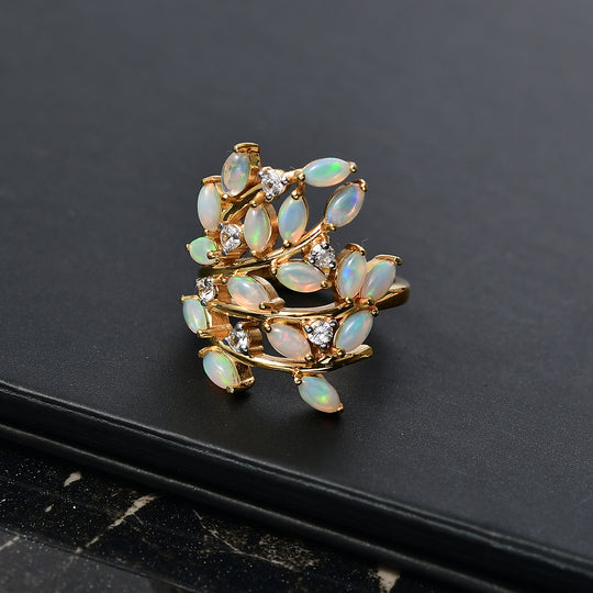 D'Joy AA Natürlicher, äthiopischer Welo Opal, Weißer Zirkon Ring 925 Silber 750 Gelbgold Vermeil (Größe 19.00) ca. 2.12 ct