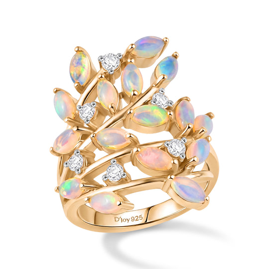 D'Joy AA Natürlicher, äthiopischer Welo Opal, Weißer Zirkon Ring 925 Silber 750 Gelbgold Vermeil (Größe 18.00) ca. 2.12 ct