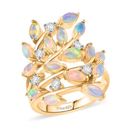 D'Joy AA Natürlicher, äthiopischer Welo Opal, Weißer Zirkon Ring 925 Silber 750 Gelbgold Vermeil (Größe 19.00) ca. 2.12 ct