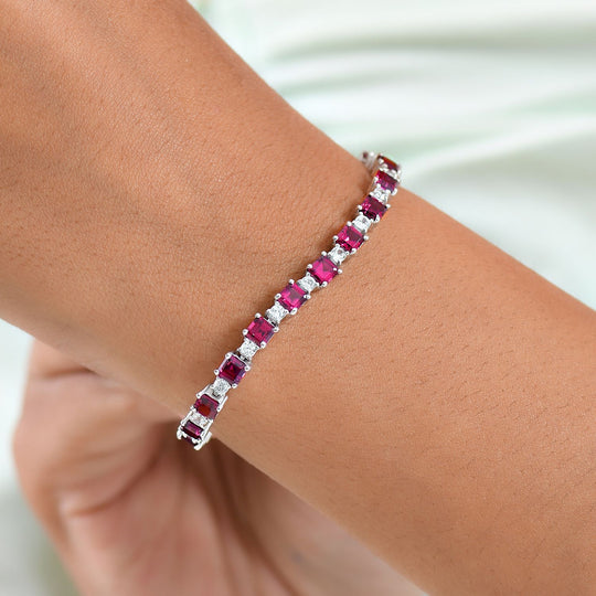 D'Joy Natürlicher Rhodolith Granat, Weißer Zirkon Armband ca. 19 cm 925 Silber rhodiniert ca. 14.43 ct