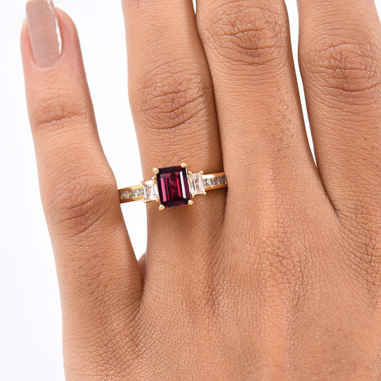 D'Joy Natürlicher Rhodolith Granat, Weißer Zirkon Ring 925 Silber vergoldet (Größe 18.00) ca. 3.19 ct