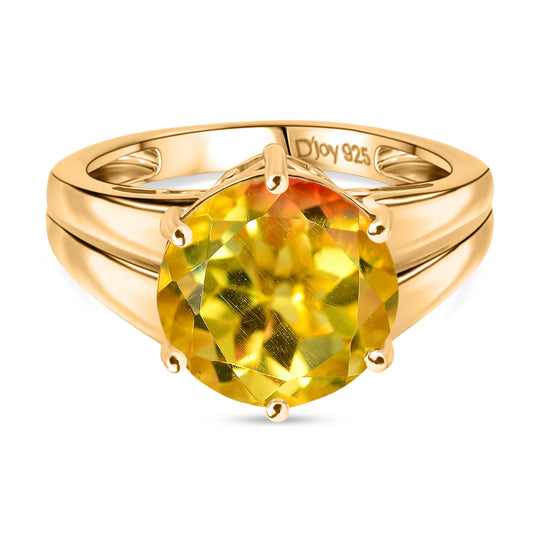 D'Joy - Sonnenfeuer-Kern-Design Sphaleros Quarz-Triplette Ring, 925 Silber 750 Gelb Vergoldet (Größe 19.00) ca. 5.22 ct